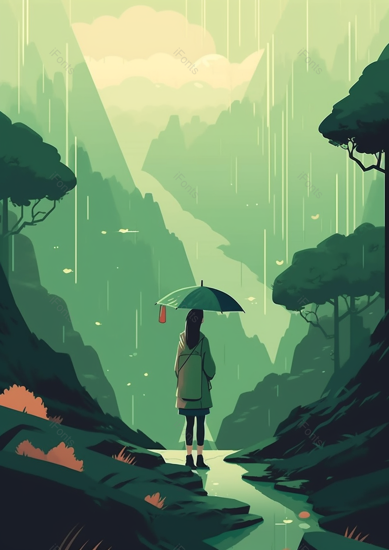 春季女孩打伞在绿色的山林,插画/手绘图,插画/手绘图库,插画/手绘图下载,插画/手绘